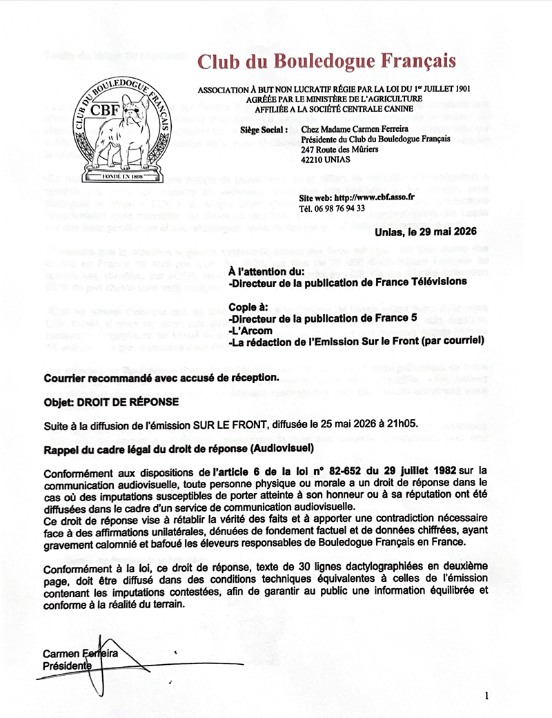 Droit de réponse du Club du Bouledogue Français faisant suite  à l'émission 'Sur le front' diffusée sur France 5 le lundi 25 mai 2026 à 21h05, page 1