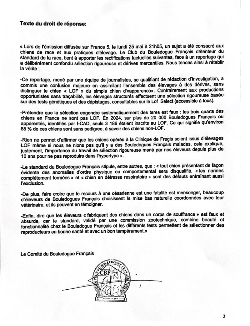 Droit de réponse du Club du Bouledogue Français faisant suite  à l'émission 'Sur le front' diffusée sur France 5 le lundi 25 mai 2026 à 21h05, page 2